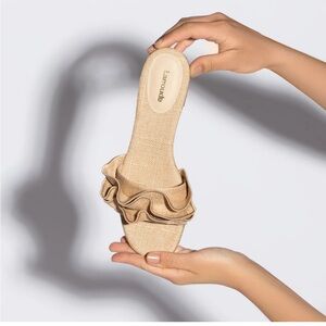 Larroude Ivy Ruffle Flat Mule in Beige Raffia